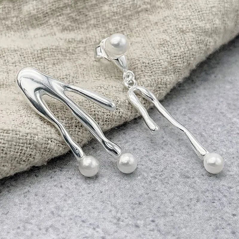 Watery Drop Pearl Asymmetric Earrings Set